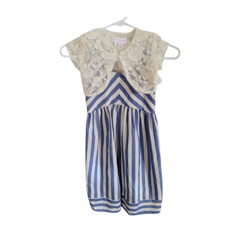 Bonnie Jean Blue White Striped Strappy Romper With Lace Shawl Size 6x Girls